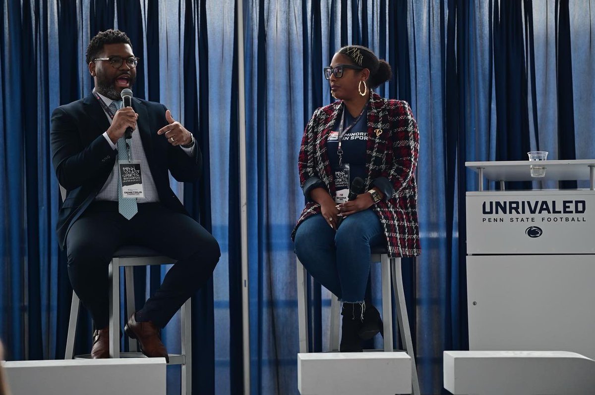 PennStateSBC's tweet photo. Shaina Wiel and Demetrius Thornton are onstage now talking about diversity and equity in the sports industry 💪💪 #PS5BC https://t.co/meHx1vbPes