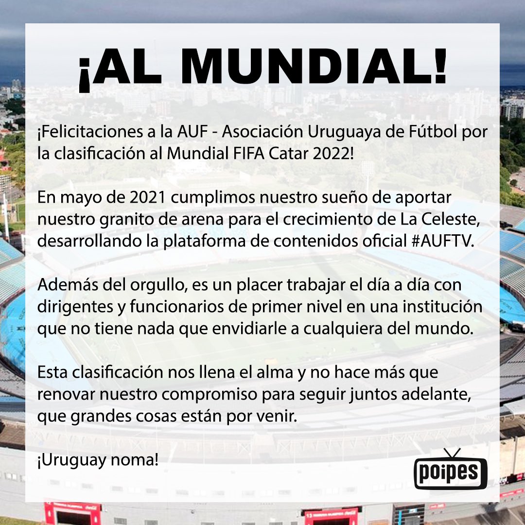 🇺🇾 ¡AL MUNDIAL! 👏🏼

¡Felicitaciones a la <a href="/AUFOficial/">AUF</a> <a href="/Uruguay/">Selección Uruguaya</a> por la clasificación al Mundial FIFA Catar 2022!