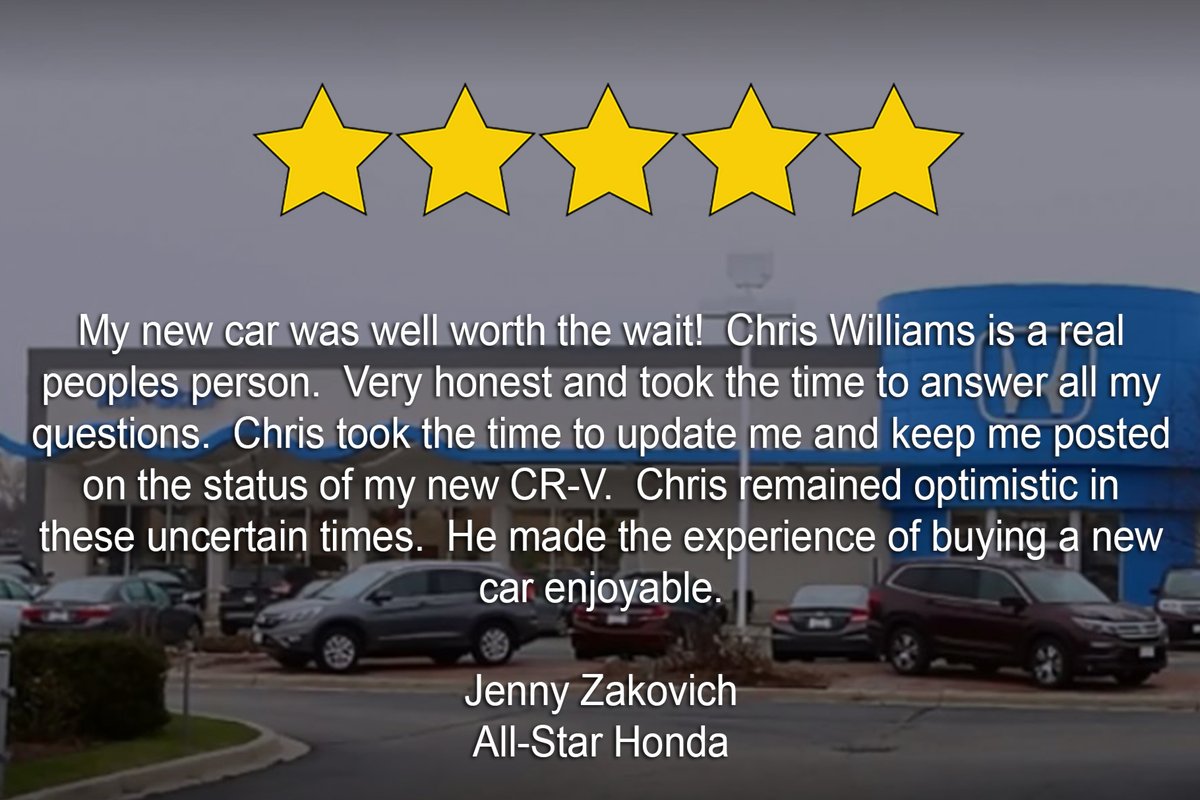 Jenny, we are delighted to hear that Chris and the team at All-Star Honda can take great care of you! Thank you very much! #AllStarHonda #JeepWrangler #FanFriday https://t.co/cvV41X2run