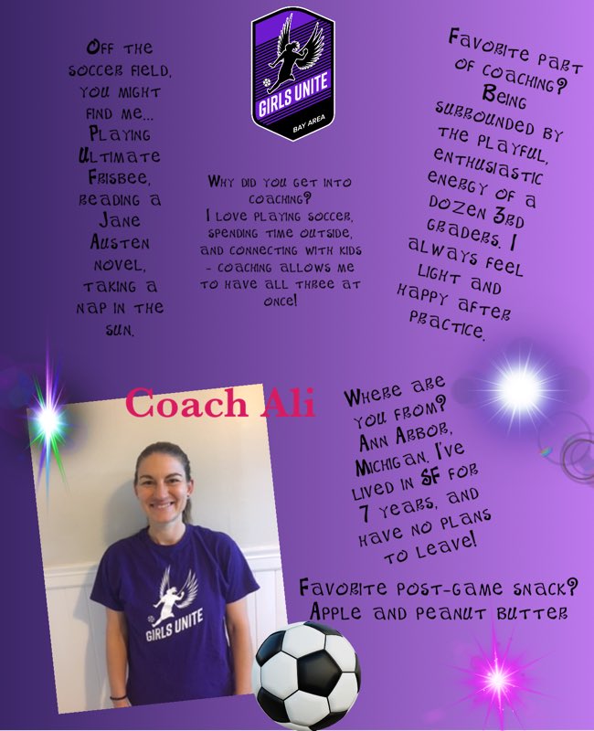 GirlsUniteSF's tweet photo. Meet Coach Ali! Ali is new to Girls Unite this season and is AMAZING! She is coaching 3rd Dolphins. To learn more about Girls Unite and Coach Ali, go to https://t.co/6C9s7RFUgW #girlsunite #coach #coachescorner #coachhighlight #mentor #rolemodel #sportsarefun #soccer #soccergirl https://t.co/mQbjDDu3CF