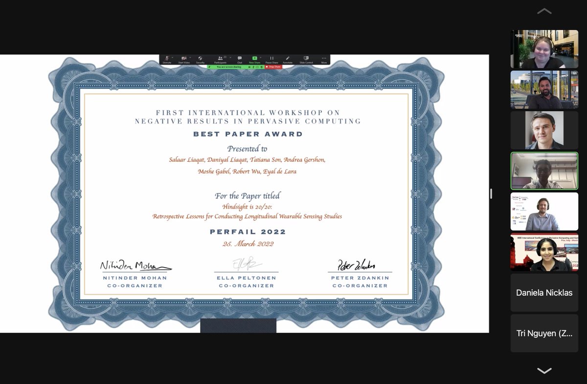 nitinder_mohan's tweet image. And we conclude #PerFail2022 (@ @IEEEPerCom) with the &quot;Best Paper Award&quot; to Salaar Liaqat, Daniyal Liaqat, Tatiana Son, Andrea Gershon,  Moshe Gabel, Robert Wu &amp;amp; @eyaldelara. Congratulations! 🎉🎉 
@Ella_Peltonen @PZdankin @TanyaShreedhar @kangasharju @tforcworc @sznby