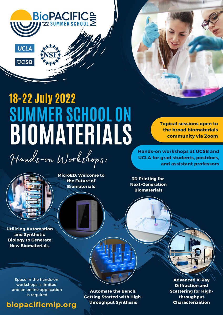 BioPACIFICMIP's tweet photo. Do you want to learn more about #SyntheticBiology, #microED, #AutomatedSynthesis, #3DPrinting or #XRay? Join our #SummerSchool at @UCSB and @UCLA and gain hands-on experience!
#ProfessionalDevelopment #BioMaterials
Apply here: https://t.co/c5XGse2BJE https://t.co/63zW37YZT2