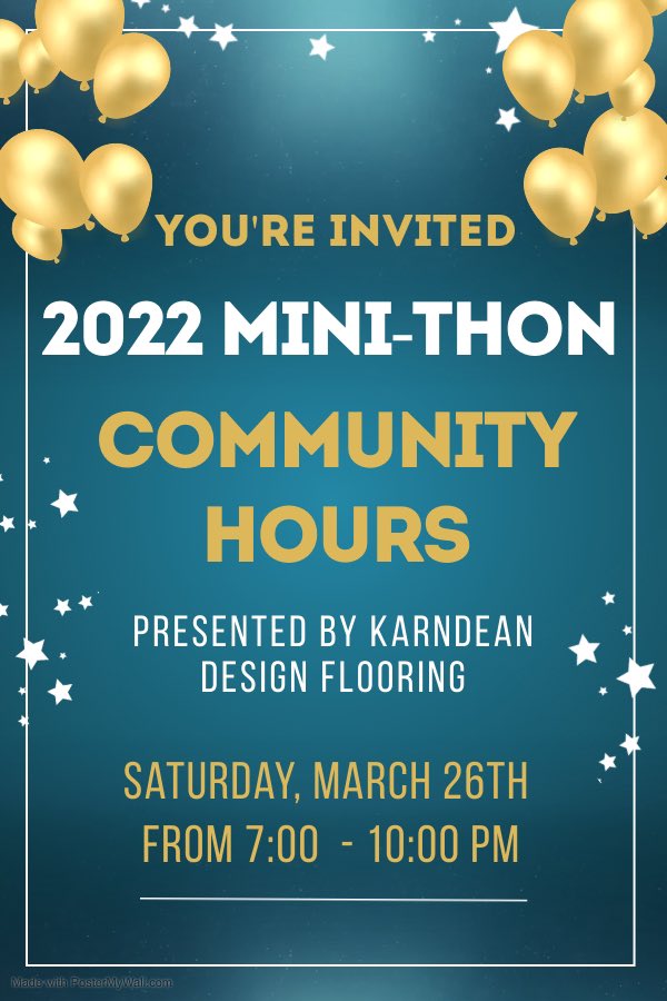 Tomorrow is the big day! Anyone is welcome to attend community hours, sponsored by Karndean Design Flooring, from 7- 10 PM! We will have a concession stand, silent auction, 50/50, games, and therapy dogs! Join us in the fun! Or join our livestream brought to you by <a href="/TylerTech01/">Tyler Tech</a>!
