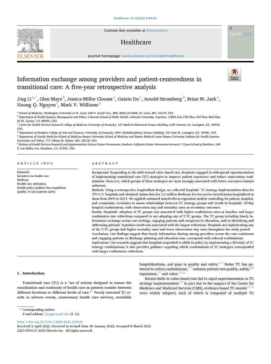 WashUMedHosp's tweet photo. More published research from Project ACHIEVE.
Information exchange among providers and patient-centeredness in transitional care: A five-year retrospective analysis @markvw13 #Hospitalist #Transitionalcare #ProjectACHIEVE https://t.co/c3y2BIarpu