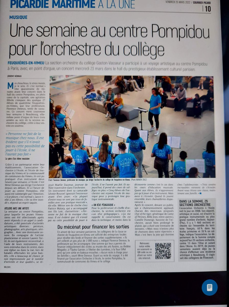 Des souvenirs plein la tête sur le retour de notre semaine découverte au <a href="/CentrePompidou/">Centre Pompidou</a> grâce à <a href="/Orchestreecole/">Orchestre à l'École</a> 
Article du <a href="/CourrierPicard/">Courrier picard</a>