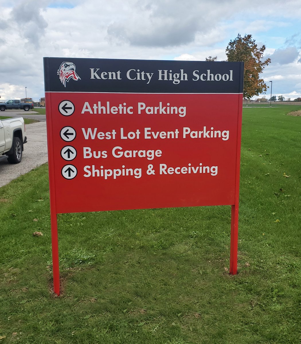 ValleyCitySign's tweet image. Directional signs are critical for school traffic flow.
Kent City Public Schools has updated their eagle logo. We produced new directional signs and updated their existing signs for consistent branding. 
#postandpanelsigns  #schoolsigns  #directionalsigns