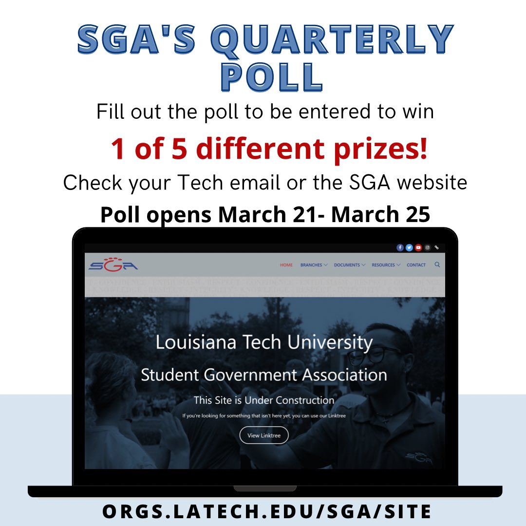 📍Hey @LATech student! Be sure to complete our quick Spring Quarter Poll for a chance to win some cool prizes! Follow the link below⬇️ orgs.latech.edu/sga/site/sprin…