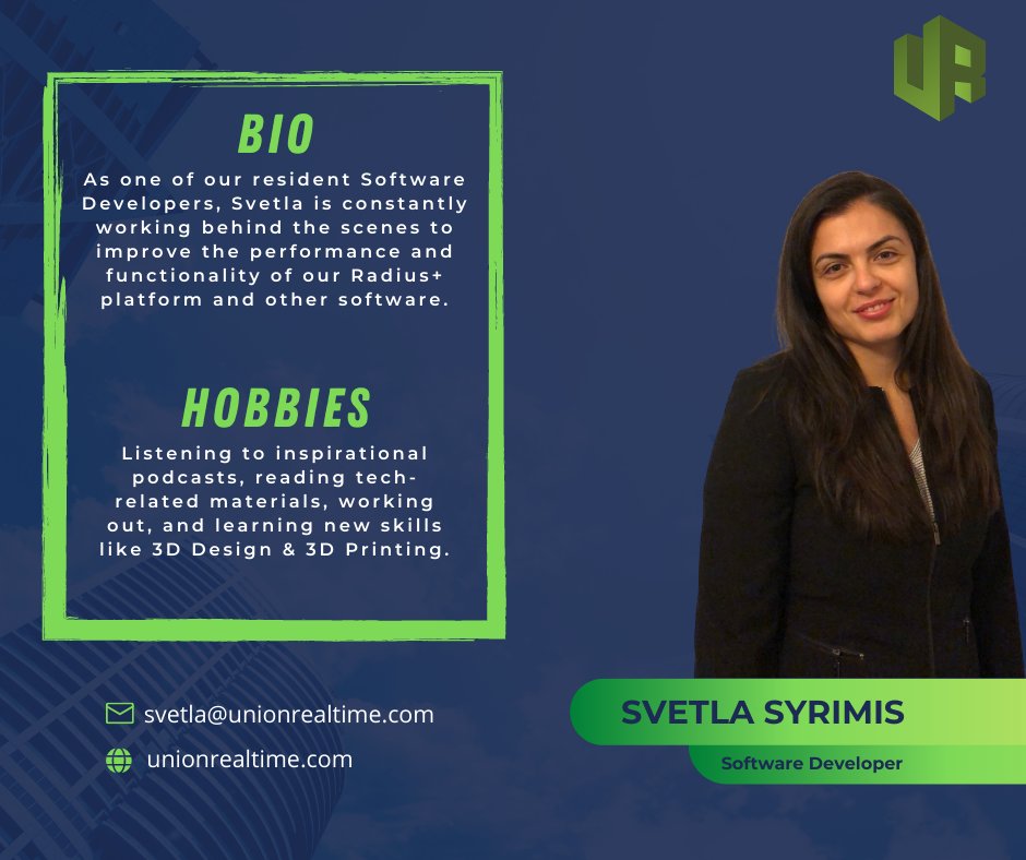 unionrealtime's tweet photo. MEET OUR TEAM! 🤝

Behind the heart of our brand are hardworking individuals who keep the wheels turning and the conversations churning.

This week, meet one of our other Software Developers, Svetla Syrimis! 👇

#meettheteam #behindthebrand #selfstorage #selfstorageinvestment https://t.co/53S8L6sM91