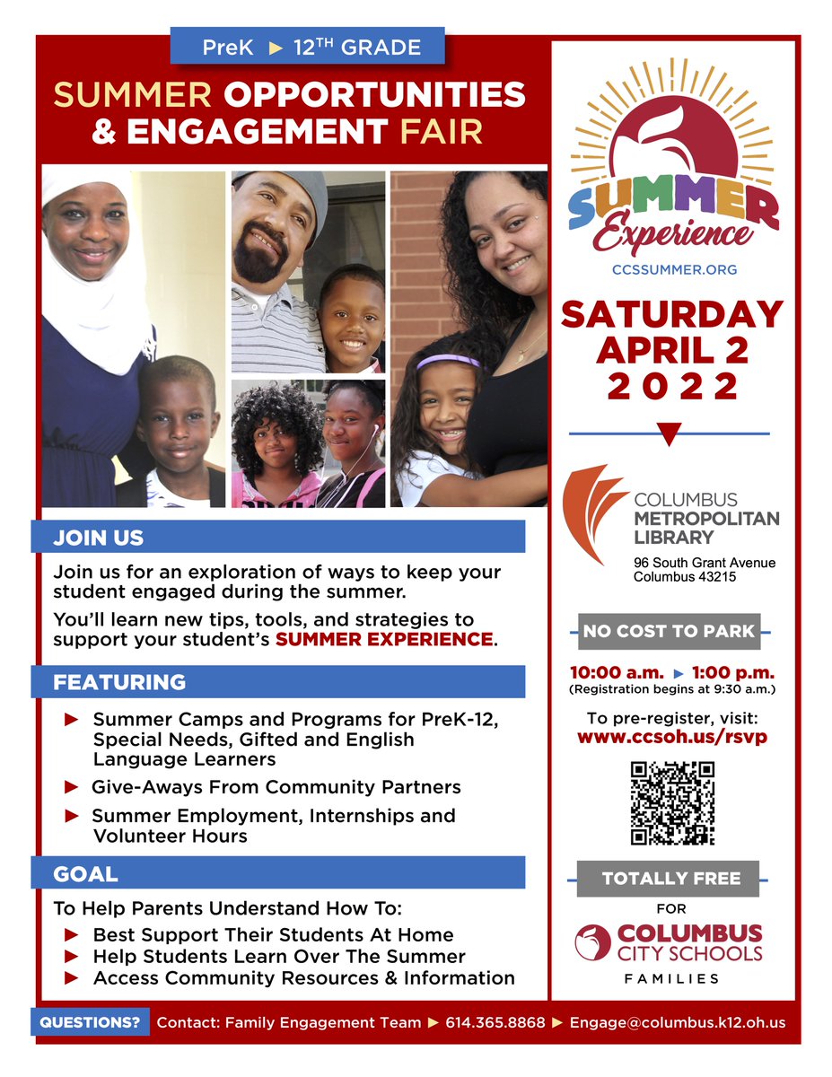 ColsCitySchools's tweet image. Looking for ways to stay engaged during the summer? Check out our Summer Opportunities and Engagement Fair! Held on Saturday, April 2 at the downtown branch of the @columbuslibrary, families can RSVP at ccsoh.us/rsvp. #OurCCS