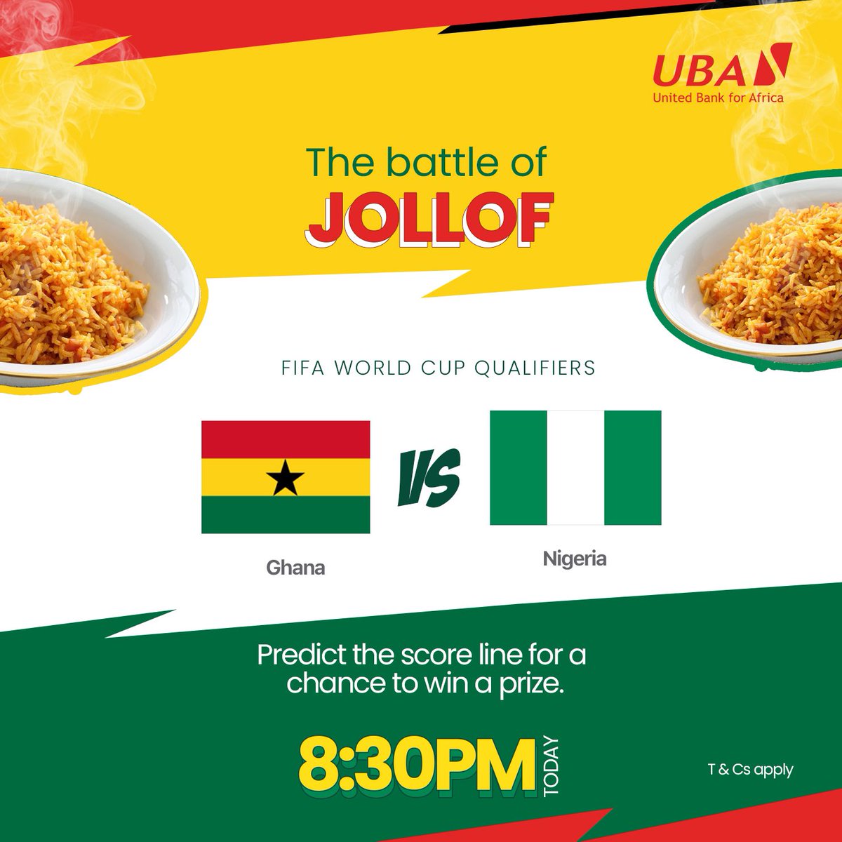UBAGroup's tweet photo. PREDICT & WIN BIG!!
Itโs a big one tonight between #Ghana & #Nigeria โฝ๏ธ
Can you predict the final scoreline of the match before 8:00pm? Give it your best shot!
First 5 correct predictions win ๐ธ๐ธ
#GHANIG #GhanaVsNigeria #UBAGameTime https://t.co/uVFRRTMFyb