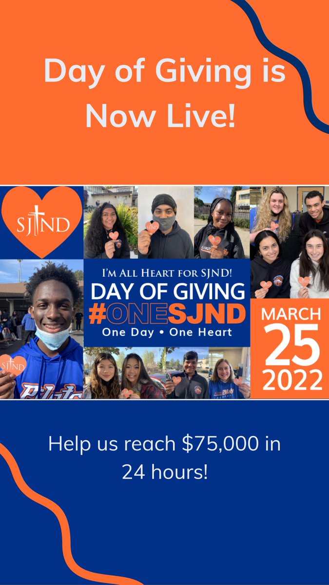 Happy Day of Giving! Let's come together as #OneSJND to honor our community and raise funds for our fourth annual Day of Giving!✈️Celebrate our values of kindness, community, unity, and gratitude. This year we ask ALL to come together for One Day - One Heart - #OneSJND #community