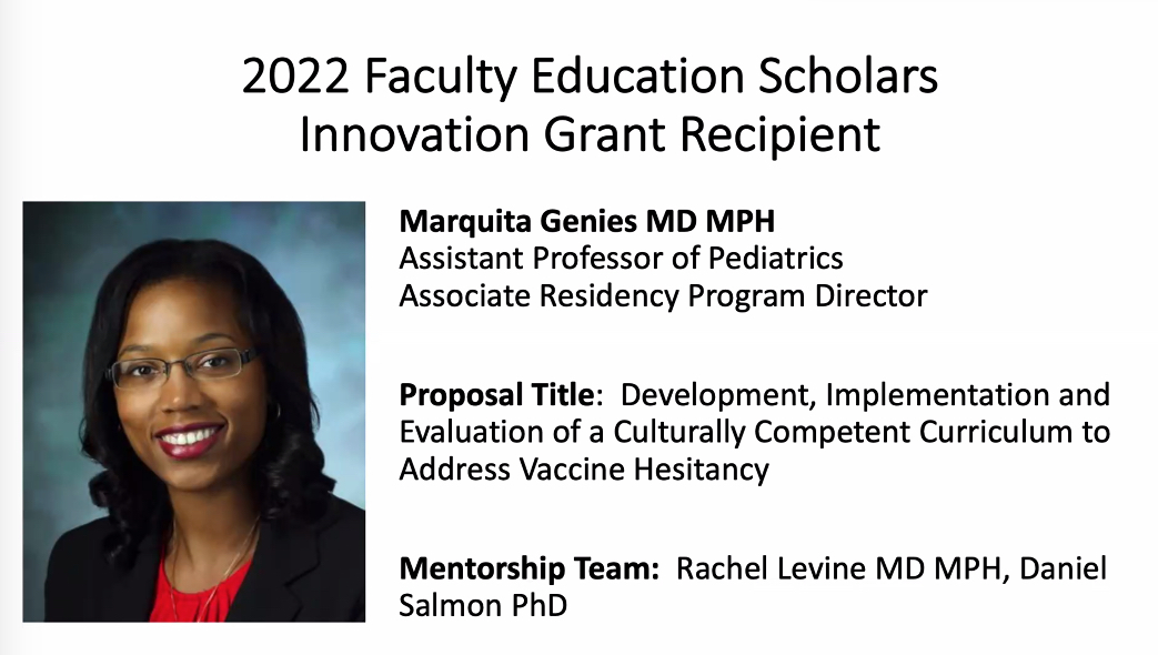 Julia_M_Kim's tweet photo. Kudos to Dr. Marquita Genies @MGenies1 for receiving the 2022 Faculty Education Scholars Innovation Grant to develop, implement, and evaluate a culturally competent curriculum to address vaccine hesitancy! @Hopkins_IEE @HopkinsKids @HopkinsMedicine #MedEd https://t.co/OK0pcAnA2a