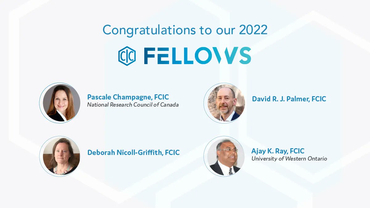 CIC_ChemInst's tweet photo. CIC Fellowship is a senior class of membership that recognizes the merits of CIC members who have made outstanding contributions across multiple areas. This year our four CIC Fellows are: @PChampagneBioRG, @DNicGrif, Professor Ajay Ray &amp; @DavePalmerUSask https://t.co/ogiWtkZYSQ https://t.co/8LQUzhNFzF