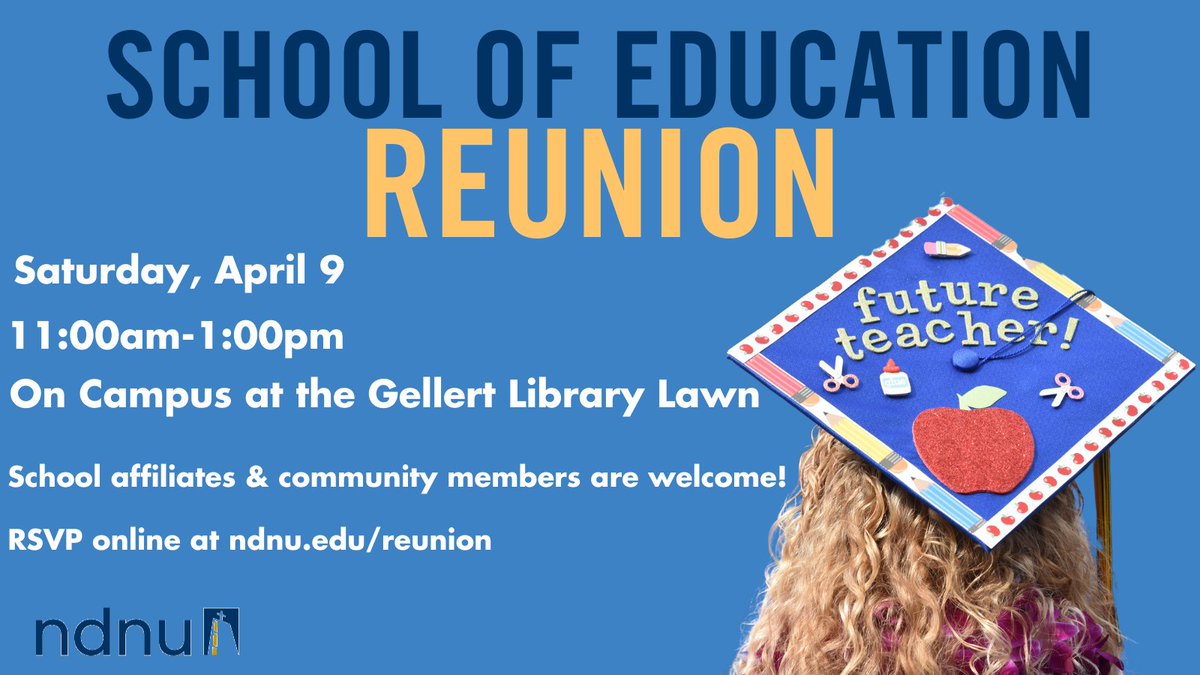 NDNUAlumni's tweet photo. RSVP at https://t.co/BnuxQvzl5s 😄 Return to campus to reconnect with your faculty &amp; classmates! 🎉 School partners &amp; members of the community, we welcome you back to campus. Can't wait to hear how NDNU has elevated your career! 📚 

#ndnu #schoolofeducation #education #reunion https://t.co/H1GGkpIFM2