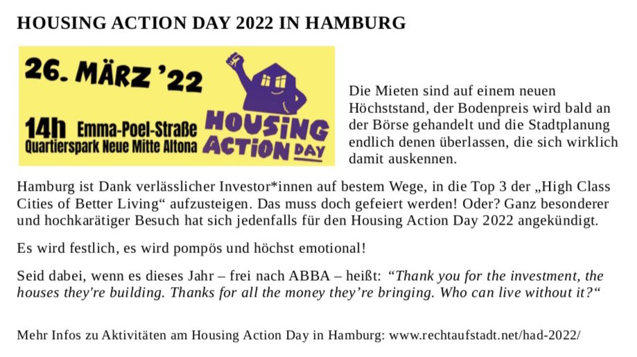 KeineProfiteBuM's tweet photo. 3/ SPD und Grüne haben versagt. Die immer weiter steigenden Mieten und sinkende Zahl an Sozialwohnungen in unserer Stadt sprechen für sich. Deshalb beteiligen wir uns auch an der Aktion zum #HousingActionDay2022 morgen um 14 Uhr in der Neuen Mitte Altona. https://t.co/jJjO2cZwZI https://t.co/Cn8z7P8FD4