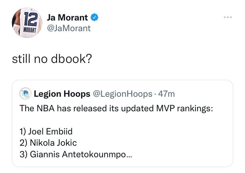 FanDuel's tweet photo. Should @DevinBook be in the top 5 for the MVP race? @JaMorant thinks so 😤

NBA MVP Rankings:

1. Joel Embiid
2. Nikola Jokic
3. Giannis Antetokounmpo
4. Jayson Tatum
5. Luka Doncic https://t.co/YRJmMSOD9q