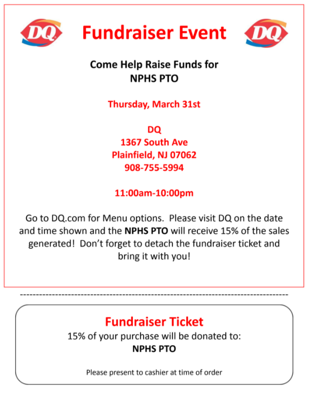 Help raise funds for the PTO by going to Dairy Queen on South Ave in Plainfield on Thursday, 3/31!