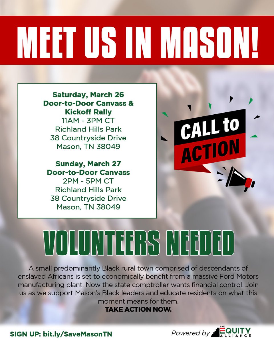 It’s time to hit some doors—🗣Meet Us In Mason! 

Saturday: 11a - 3p
Sunday: 2p - 5p

Richland Hills Park | 38 Countryside Dr.

#SaveMasonTN #TNPol #Canvassing