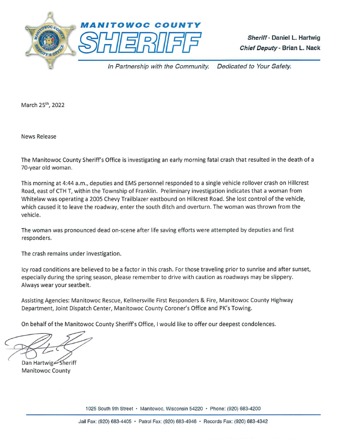 Manitowoc_SO's tweet photo. Media Release on a fatal motor vehicle crash from early this morning in Manitowoc County. https://t.co/uLRYhFgpn4