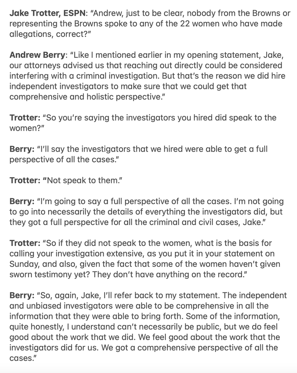 NickiJhabvala's tweet photo. The back and forth between ESPN's @Jake_Trotter and Andrew Berry about whether the Browns or the investigators the Browns hired spoke to the 22 women who have accused Deshaun Watson of sexual misconduct: https://t.co/4MAb5OPBl2