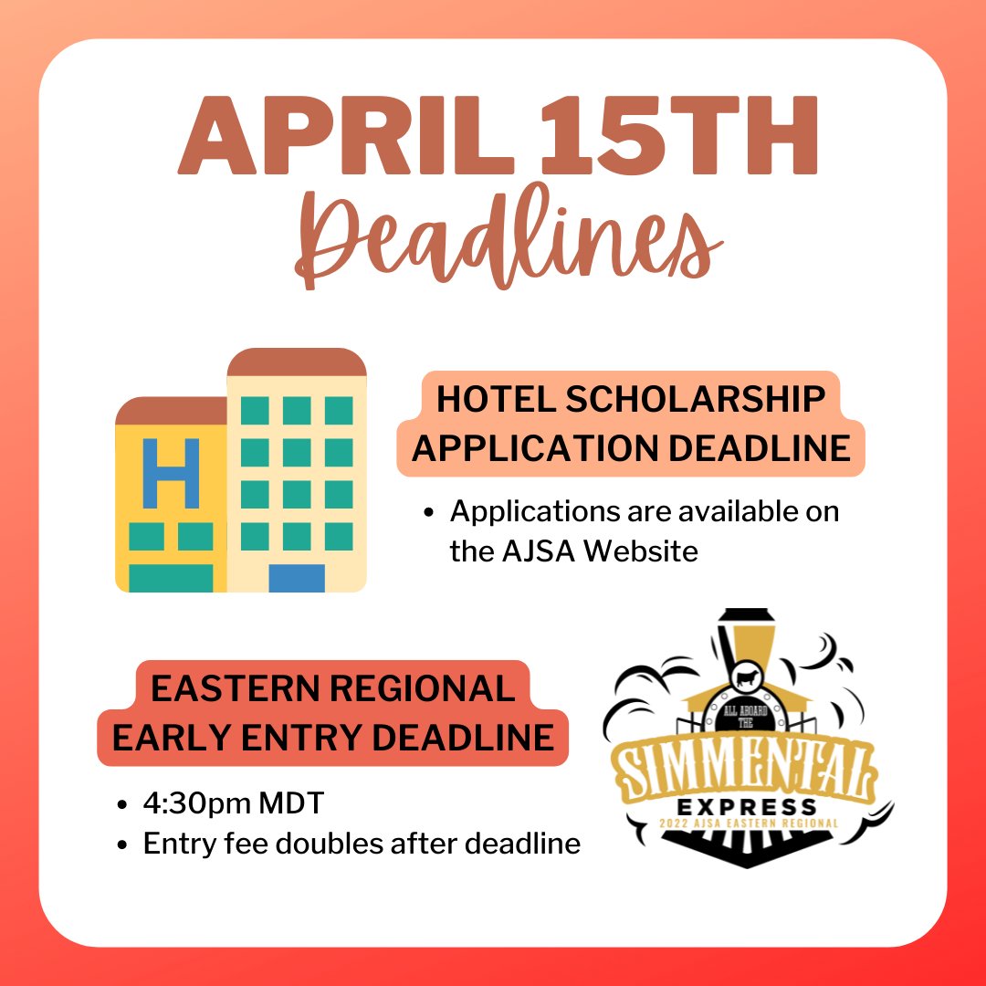 AmJrSimmental's tweet photo. Do you still need to apply for the National Classic Hotel Scholarship or register for the Eastern Regional? Hurry before the deadline on April 15!

Entry fees for the Eastern Regional double for late entries. https://t.co/KTXsjpLW6R