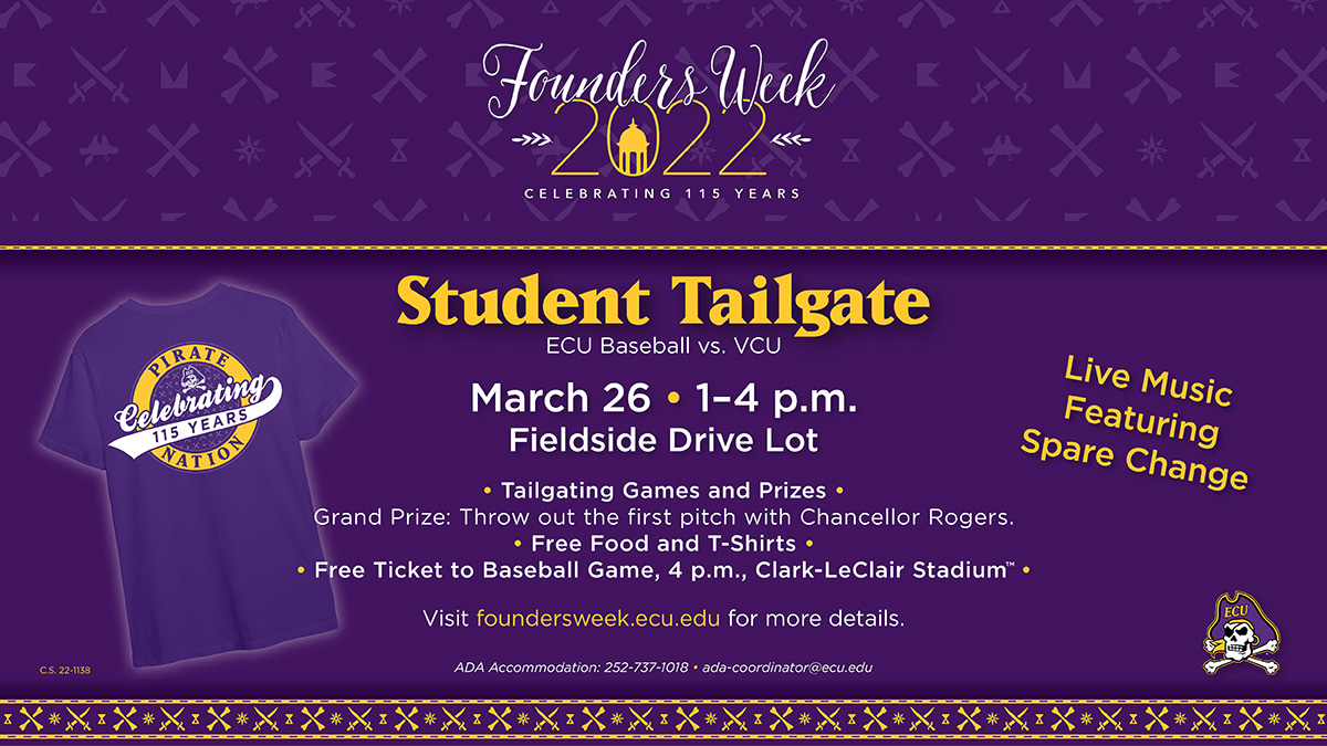 What #ARRRGH you doing this weekend?

That's right, going to the Founders Week Student Tailgate as <a href="/ECUBaseball/">ECU Baseball</a> takes on VCU at 4 p.m. at Clark LeClair Stadium! ⚾

🎶 Live music
🌭 Free food
💜 Fun prizes
👕 Free T-shirts 

Get your free ticket ➡️  go.ecu.edu/tailgate