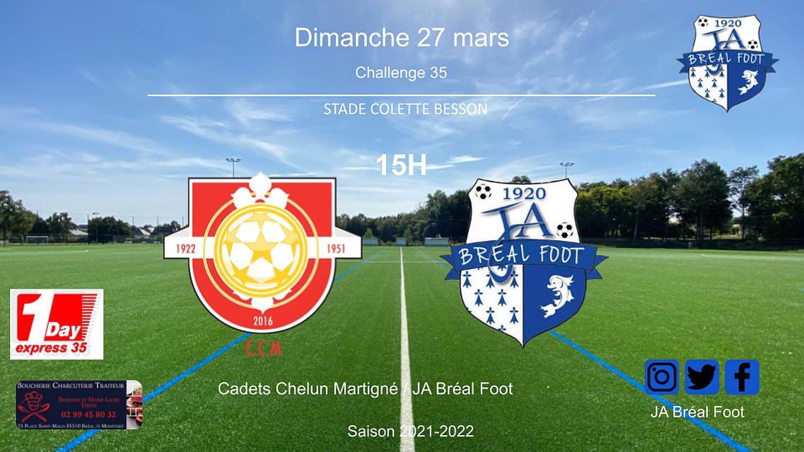 FootJa's tweet image. ⚽️ Programme séniors 
Dimanche 27 mars

- Sénior C 15h à Martigne Ferchaud : Cadets Chelun Martigné 🆚 JA Bréal