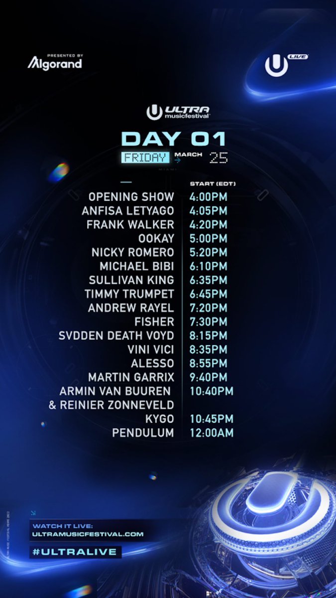 🇪🇸 HORARIOS 🇪🇸

21:05 AnfisaLetyago
21:20 FrankWalker
22:00 Ookay
22:20 NickyRomero
23:10 MichaelBidi
23:35 SullivanKing
23:45 TimmyTrumpet
00:20 AndrewRayel
00:30 Fisher
01:15 SvddenDeath
01:35 ViniVici
01:55 Alesso
02:40 Garrix
03:40 Armin b2b Reinier
03:45 Kygo
05:00 Pendulum