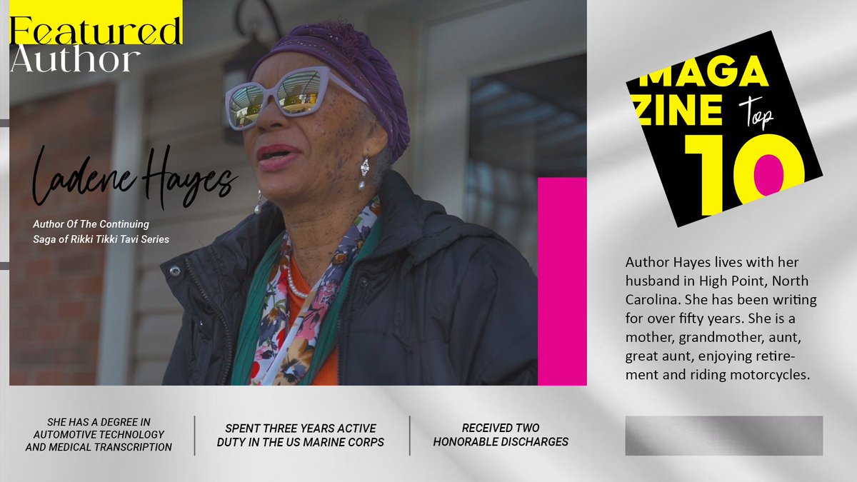 TopTen_Magazine's tweet photo. Author Ladene M. Hayes, born in Asheboro, North Carolina, currently lives in Greensboro, North Carolina.
Keep up with us for more entertainment news and updates!
Visit our website: https://t.co/O9YJJ8IbwJ
#TopTenMagazine #FeauredAuthor #LadeneHayes #Books #AuthorsOfTwitter https://t.co/ggNo8ykcFG
