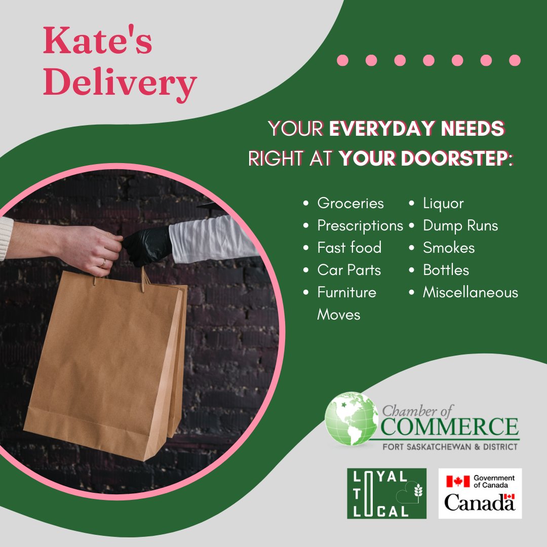 FortSaskChamber's tweet photo. Busy and got no time to do errands? Kateβs Delivery has got you covered! From your household groceries to furniture moves, they are fully licensed to pick up and deliver almost anything you require!
π 587-590-8895
π© katesdelivery@outlook.com
#loyaltolocal #fortsasklocal https://t.co/Y7II8beIqo