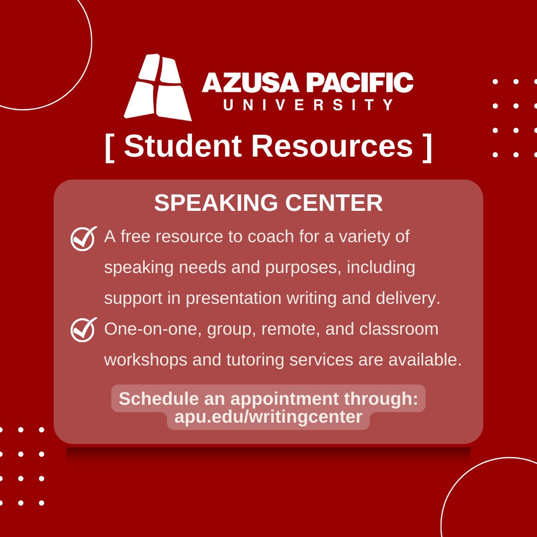 APUGradPrograms's tweet image. If public speaking is your biggest fear, you are not alone! APU's Writing Center also offers presentation and speech coaching. Schedule an appointment through apu.edu/writingcenter