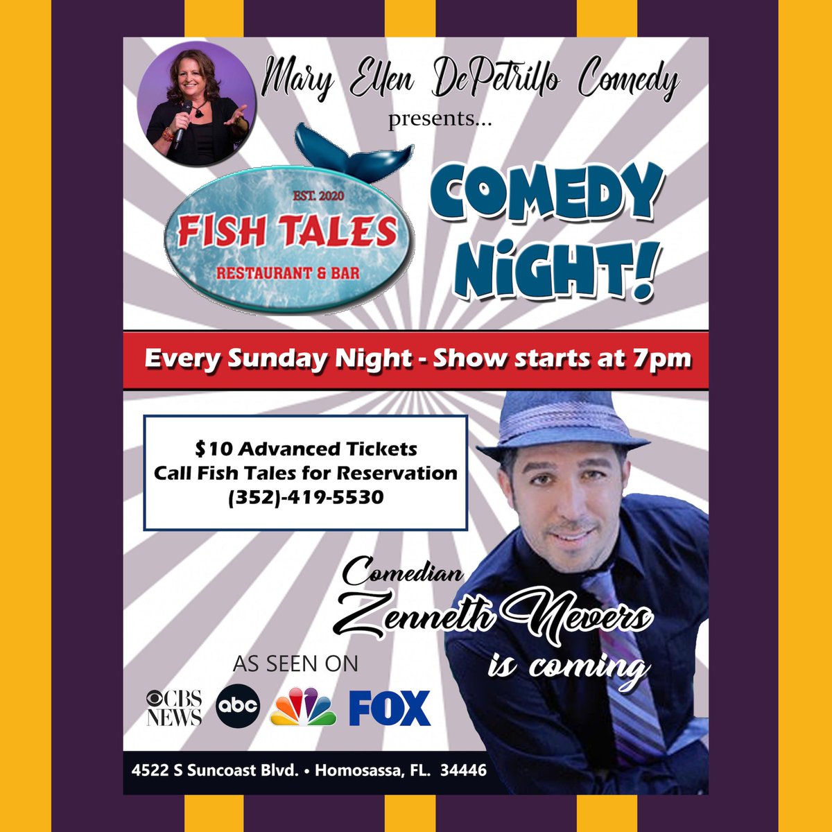 You don’t want to miss this Sunday’s show at Fish Tales Restaurant in Homosassa! #maryellendepetrillocomedy #fishtalesofhomosassa #homosassa #homosassacomedian