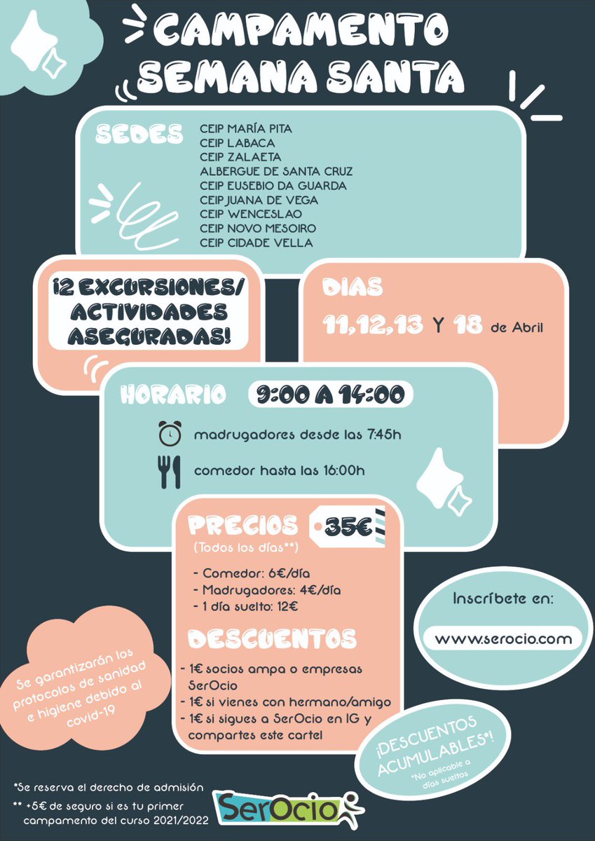 Campas de SEMANA SANTA en A Coruña! 

La mejor diversión en la ciudad y área metropolitana 

Últimas plazas disponibles en la web de Serocio

Talleres, Karts a pedales, Bolera, Cocina, Deporte y todo por menos de 35€ la semana! 

Te esperamos! 

Nos ayudáis con RT👏🏽