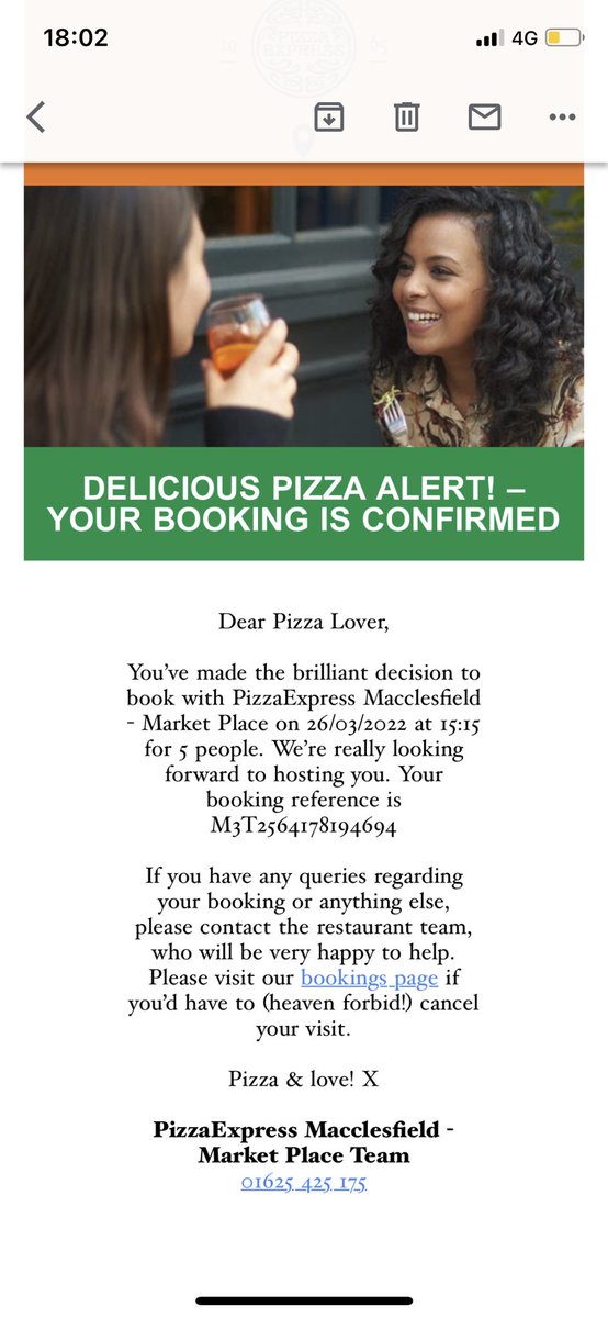 Sometimes it’s the simple things in marketing that resonate. Me &amp;the young-adult children like <a href="/PizzaExpress/">PizzaExpress</a>. They deliver that just formal enough, relaxed dining thing really well. Booked for tmw and got this confirmation email, written by someone who…just gets it. Full marks.