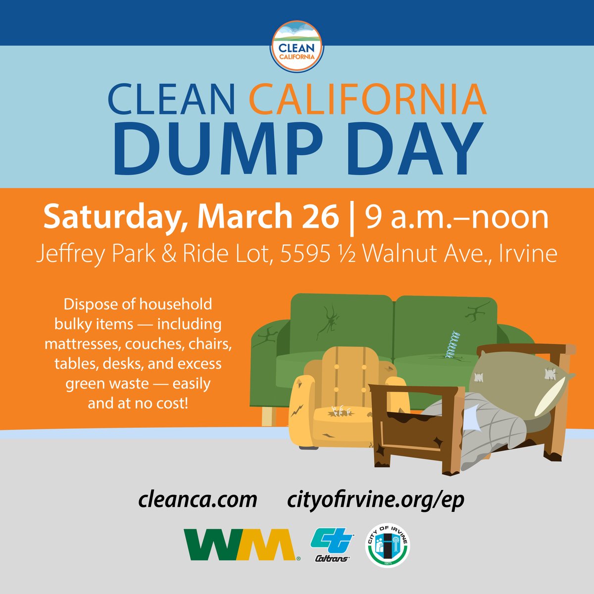 CaltransOC's tweet photo. 📢Free Dump Day event tomorrow 3/26! All OC residents are invited to drop off their bulky household waste that are too big to fit in residential garbage bins-including mattresses, furniture and toys. No appointment necessary.  #CleanCA
More info 👉: https://t.co/PH8Y3dfmLR https://t.co/pubOYUiIfJ