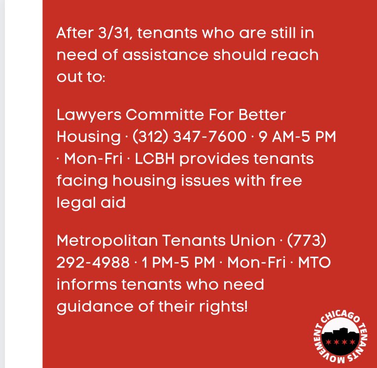 ChiTenants's tweet photo. Starting on March 31st, the Chicago Tenant’s Movement hotline will begin to shut down so we can focus our organizing capacity on street outreach, canvassing, and helping tenants launch campaigns in their buildings. https://t.co/yGzIcntcoS