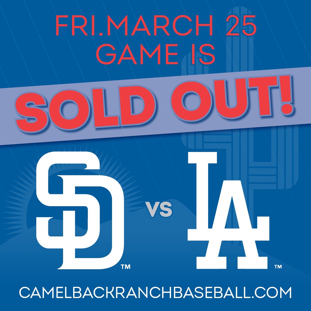 camelbackranch's tweet photo. 🚨 TONIGHT’S GAME IS SOLD OUT! 🚨

Tonight’s Dodgers vs. Padres game is officially SOLD OUT! Tickets will not be available online or at the Camelback Ranch-Glendale Box Offices.

If you have tickets for tonight’s game, plan to arrive early! https://t.co/Bhj4IjFfUJ