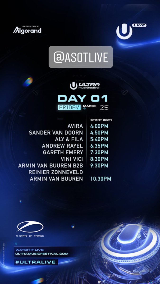 🇪🇸 HORARIOS (ASOT STAGE) 🇪🇸

21:00h AVIRA
21:50h Sander van Doorn
22:40h Aly &amp; Fila
23:35h Andrew Rayel
00:30h Gareth Emery
01:30h Vini Vici
02:30h AvB b2b Reinier Zonneveld
03:30h Armin van Buuren

📺 (Canal 3) ultramusicfestival.com
