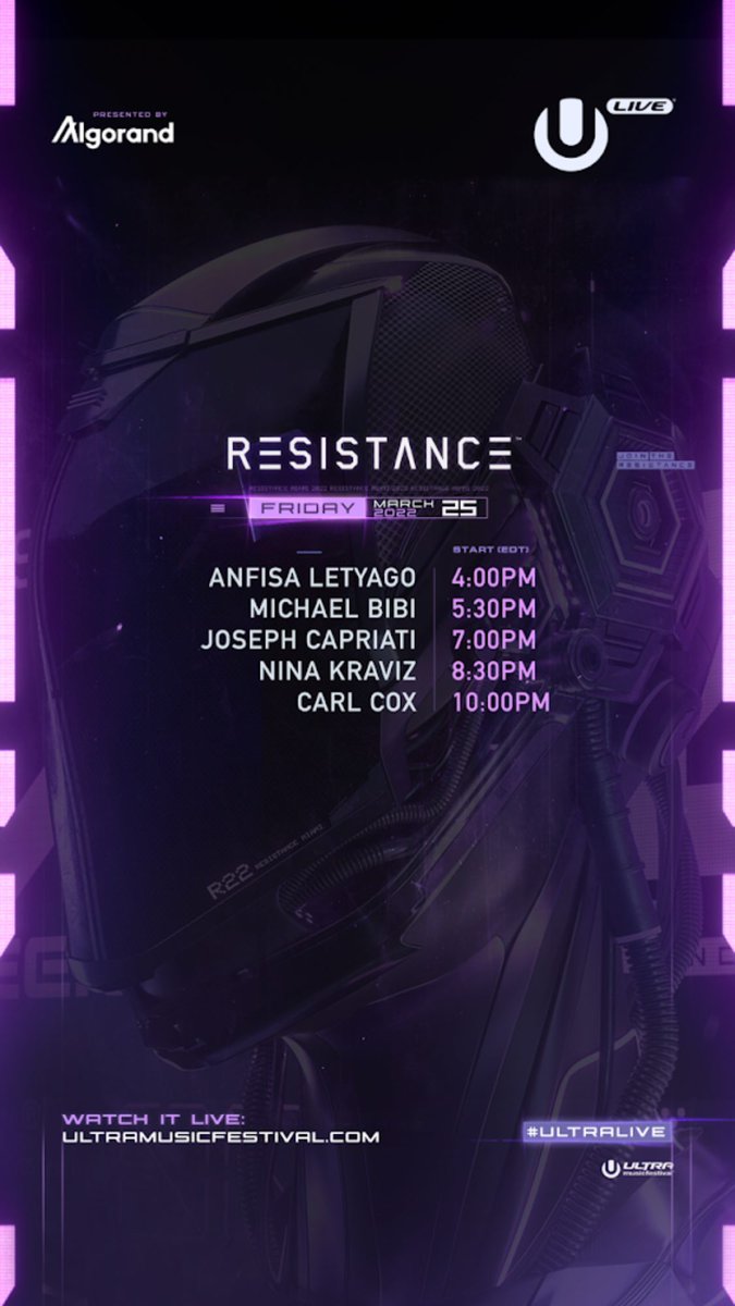 🇪🇸 HORARIOS (RESISTANCE STAGE) 🇪🇸

21:00h Anfisa Letyago
22:30h Michael Bibi
00:00h Joseph Capriati
01:30h Nina Kraviz
03:00h Carl Cox

📺 (Canal 2) ultramusicfestival.com