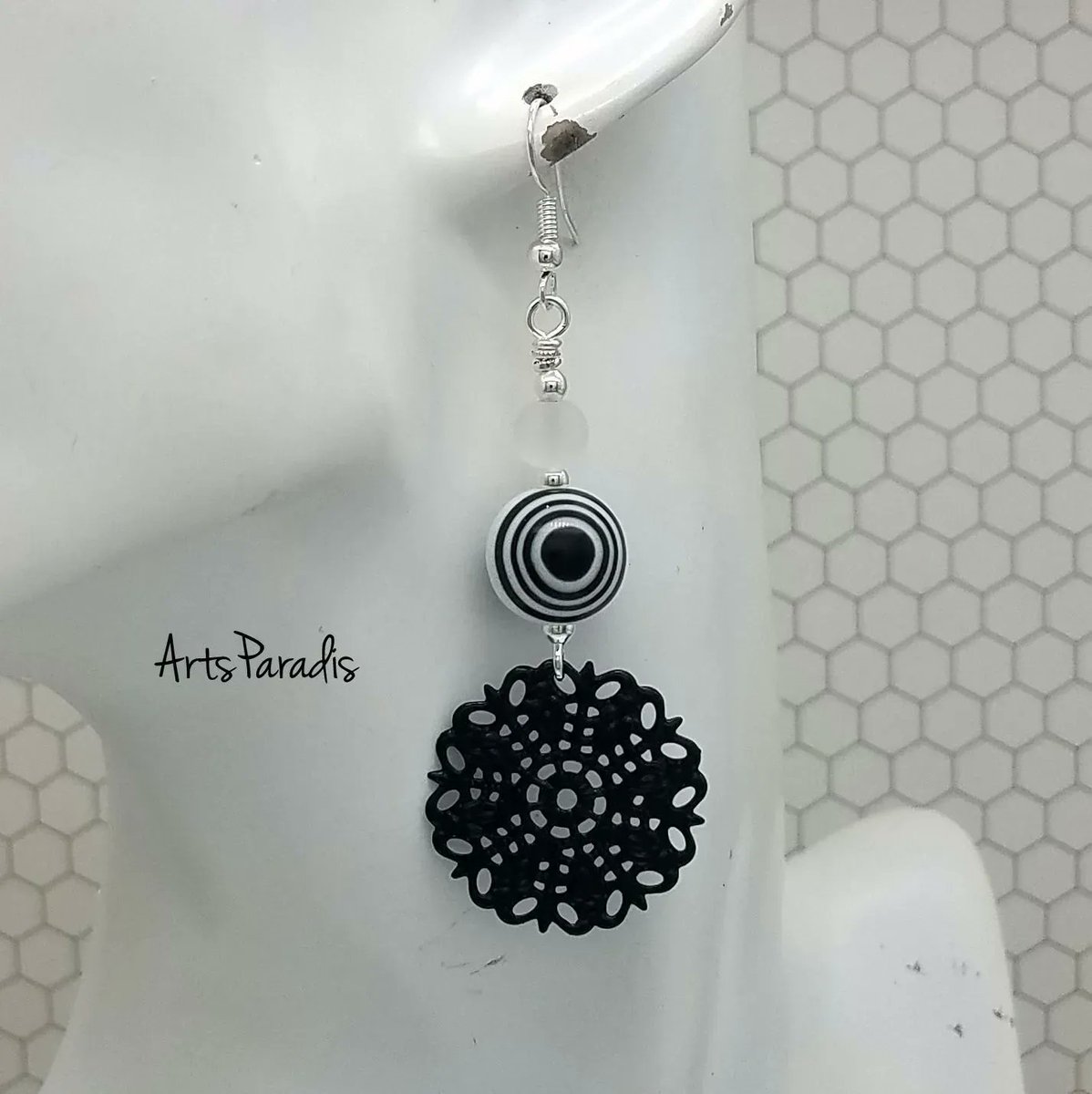 I didn't want color in this design, so I went with a simple black filigree pendant.  ArtsParadis.com #handmadejewelry #womanowned #LGBTQowned #proudartist #blackandwhite #simpleisbest #matcheseverything