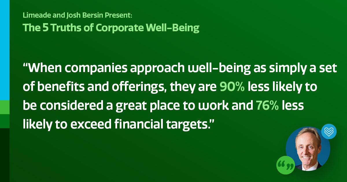 Limeade's tweet image. The best companies in the world are looking at well-being as a strategic corporate capability. Watch our webinar on-demand with @Josh_Bersin to learn more: bit.ly/3IktgMr #wellbeingwebinar #corporatewellbeing #employeehealth
