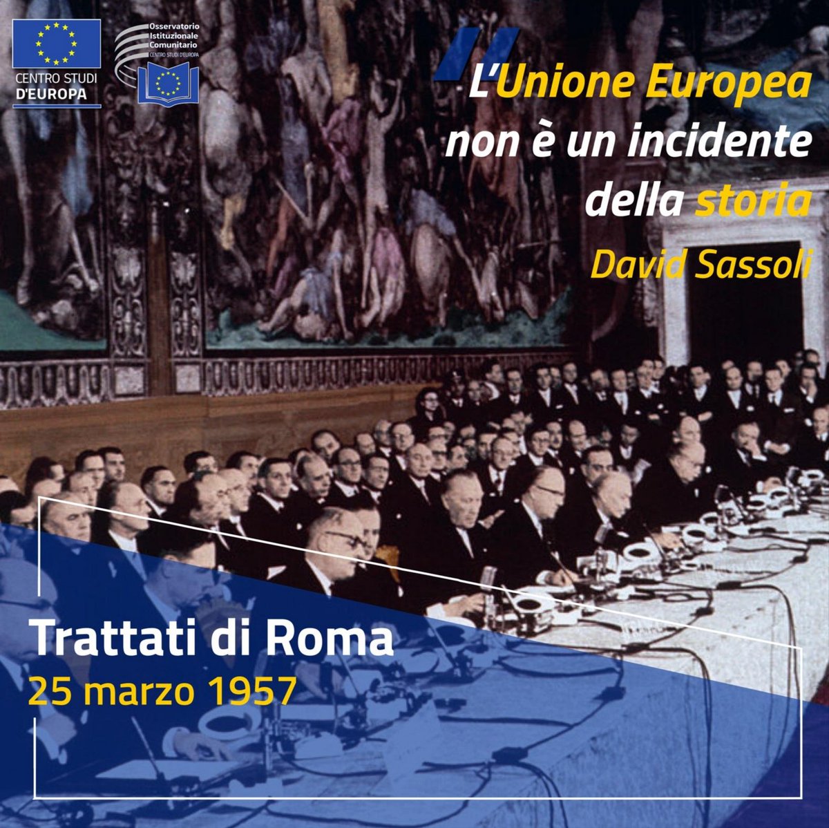 Il 25 marzo 1957 vengono firmati i #Trattati di #Roma, considerati come l'atto di #nascita della grande famiglia europea. Il primo istituisce una Comunità #economica europea #CEE, il secondo invece una Comunità europea dell'#energia atomica, meglio conosciuta come #Euratom.