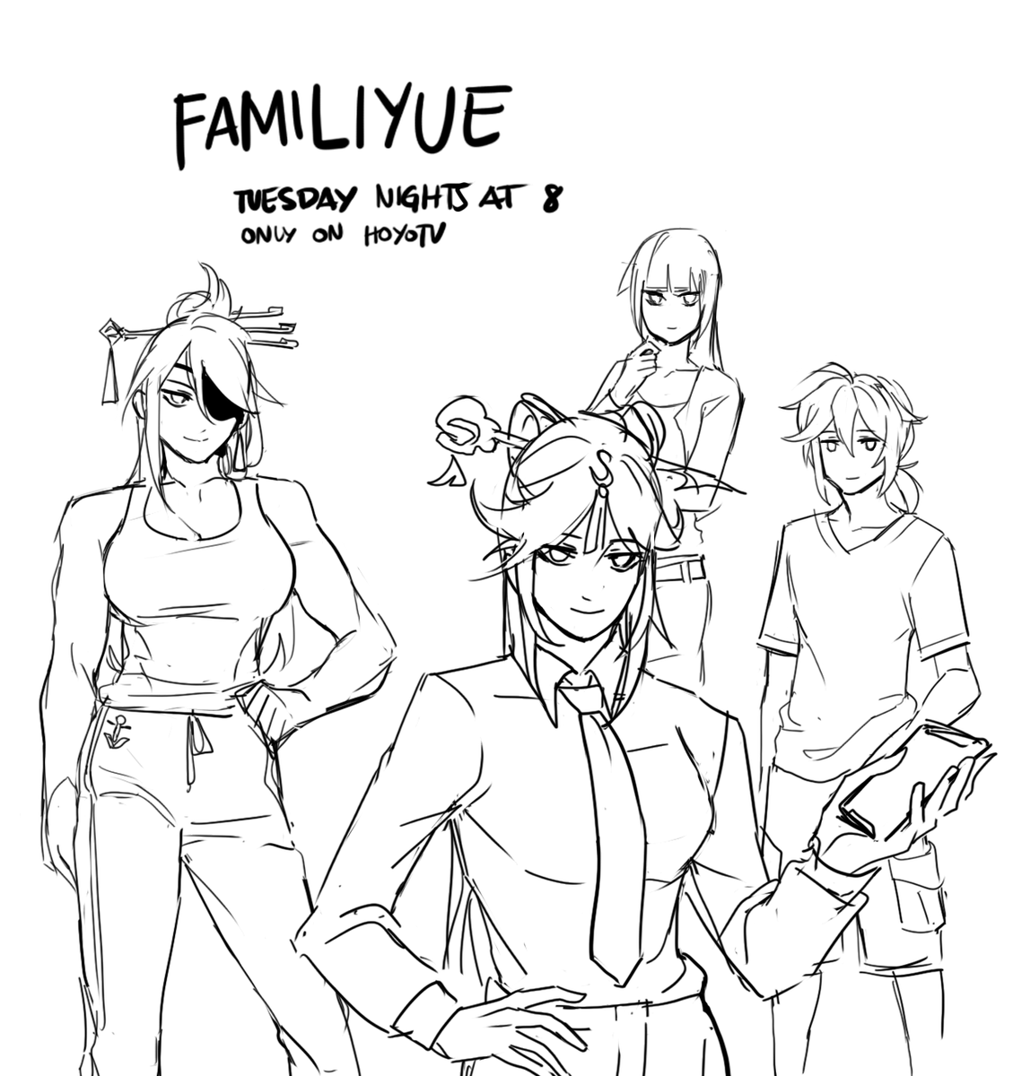 boomer dad ningguang who wants to connect with the kids, cool mom beidou who carries the household on her back, overachieving little sister yun jin, and fresh graduate looking for a job big brother kazuha
