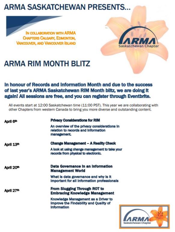 ARMA_Vancouver's tweet photo. A sneak peek of FREE events for RIM month! #ARMA #rimmonth #recordsmanagement #infogov

Privacy Considerations for RIM https://t.co/Oep7ymH3u8 

Change Management - URL TBD

Data Gov in an IM World https://t.co/psiAcoaDx7 

From ROT to Embracing KM https://t.co/i5iyePd6wX https://t.co/fBtTAsN59a