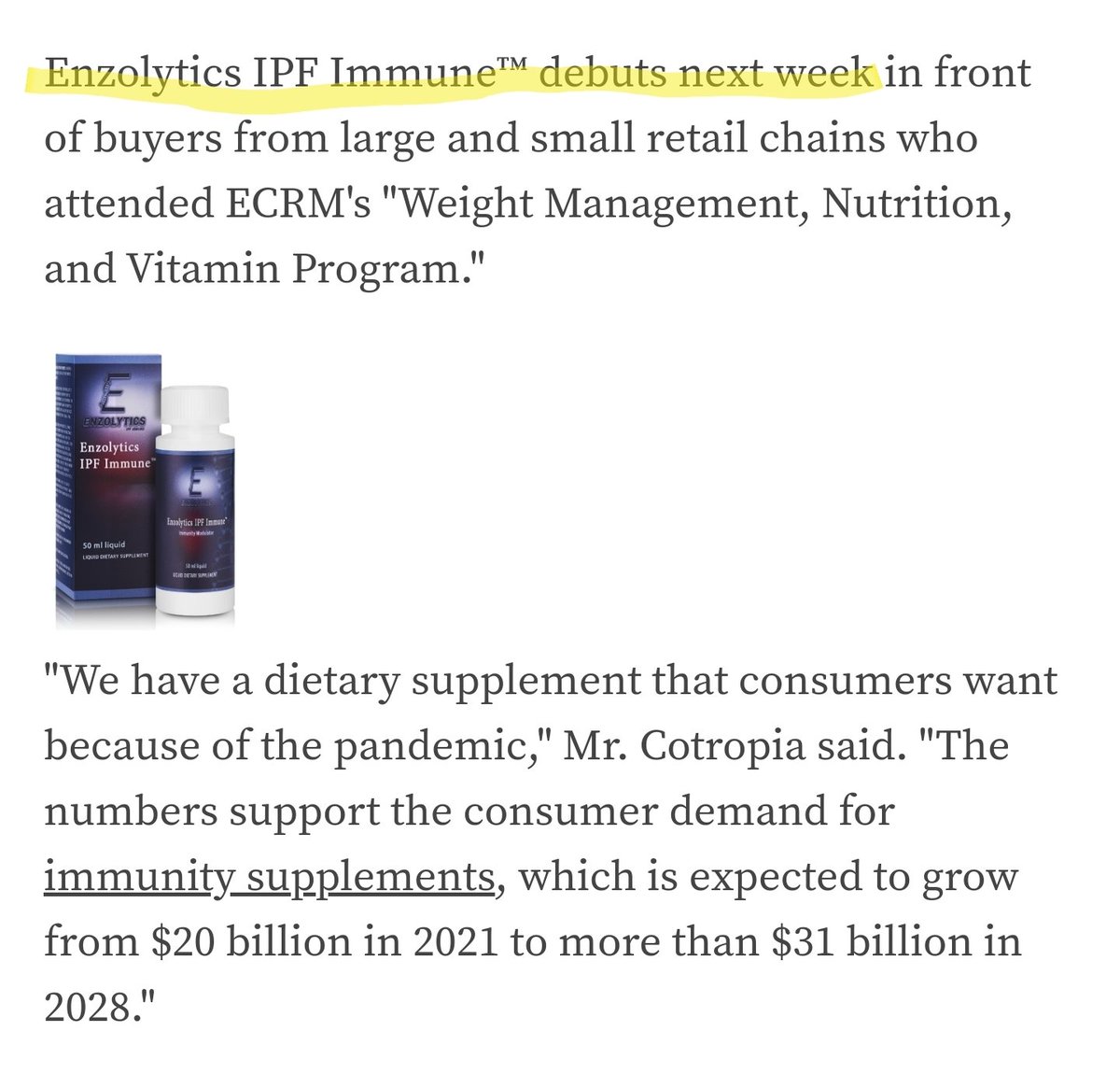 GodfatherCap's tweet photo. $ENZC - 💥NEXT WEEK💥

1️⃣ Enzolytics IPF Immune™ debuts next week in front of buyers from large and small retail chains who attended ECRM

2️⃣ 2021 Annual Report due by Thursday

3️⃣ Company has put out 6 PRs in last 35 days. If you haven't picked up on the significance, God bless https://t.co/llZMUDZZFg