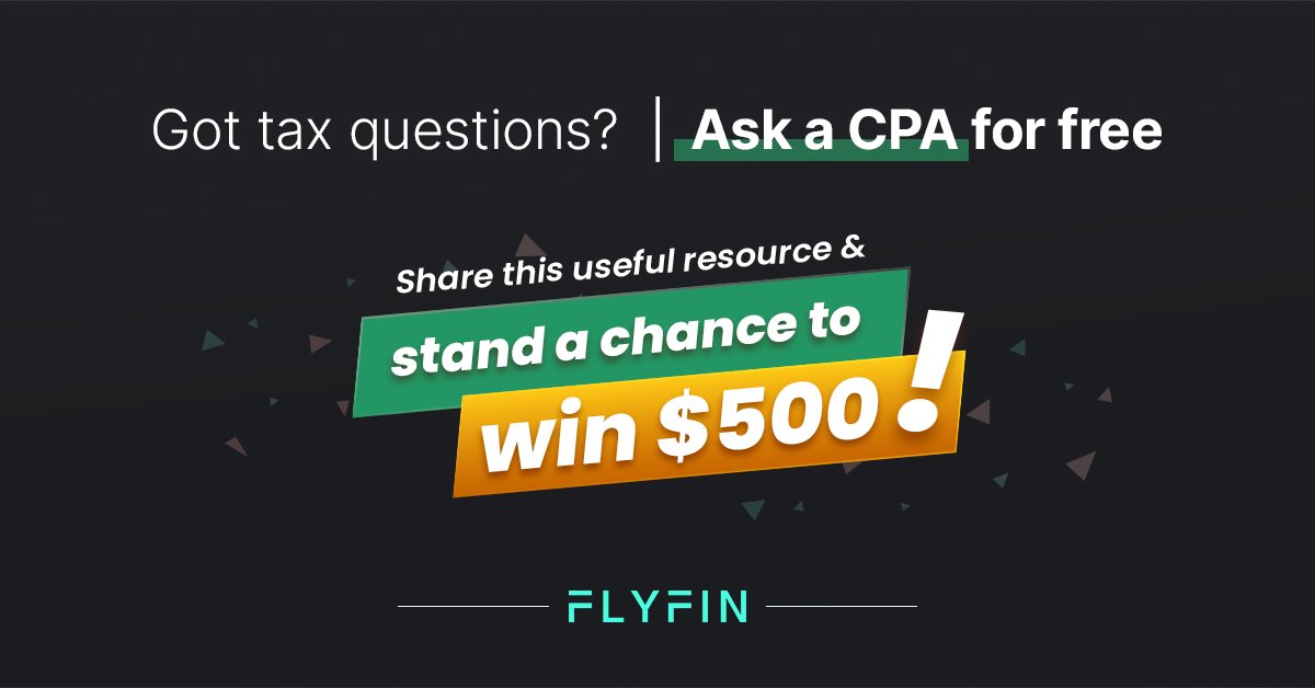 FlyFin_tax's tweet photo. Retweet and stand a chance to win $500 :)
This Tax season, get Free CPA access https://t.co/mdWikqfCjD
Get any tax question answered in just 24 hours from our expert CPA team. Try it and share it!
Winners to be announced in 10 days.
#FlyFinAI #giveaway https://t.co/sRHRsnl8a0
