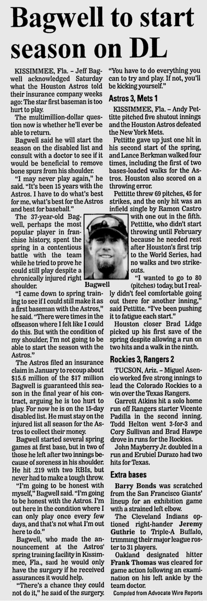 3/25/2006: Jeff Bagwell announces he may undergo 