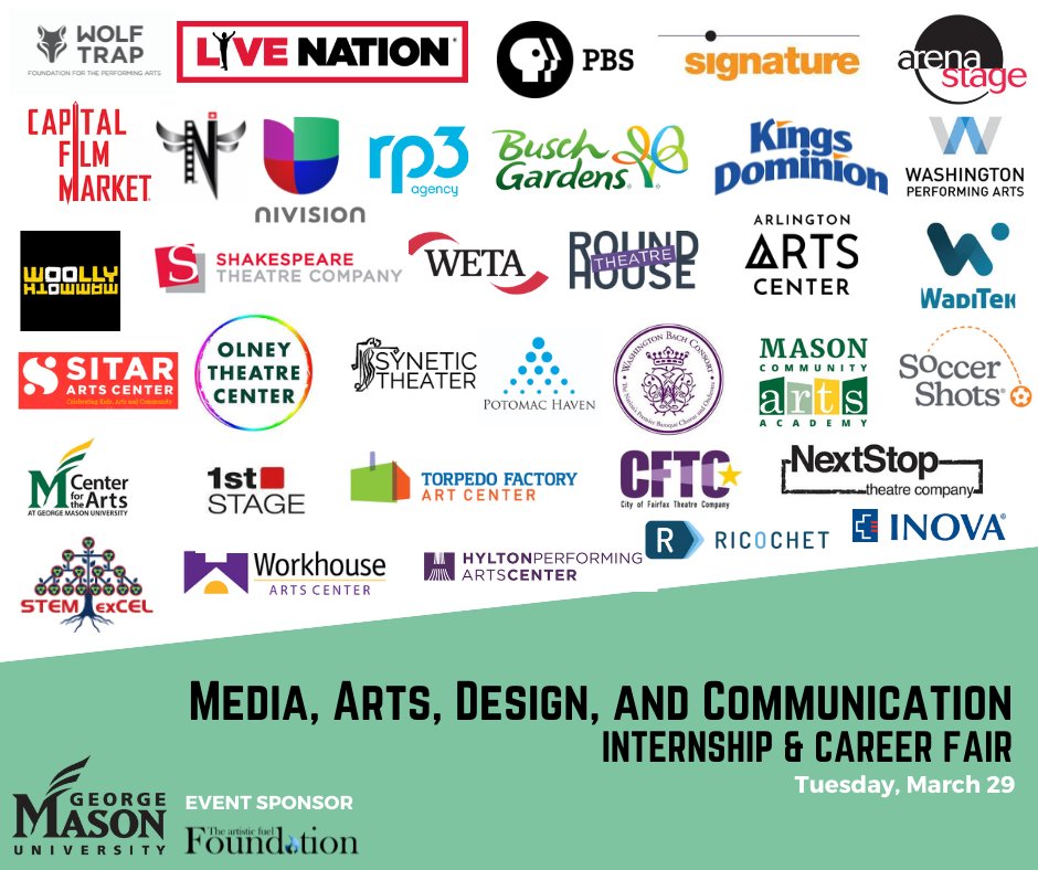 _Mason_Arts's tweet photo. Mason’s Media, Arts, Design, and Communication Internship and Career Fair is four days away!
Stop by @GMU_CFA Tuesday between 2:00 – 5:00 PM and meet recruiters from more than 30 arts and media organizations.
Register here >> https://t.co/LyAGSD5p6b
#CVPAEvent #InternshipFair https://t.co/JrMWMYha5d