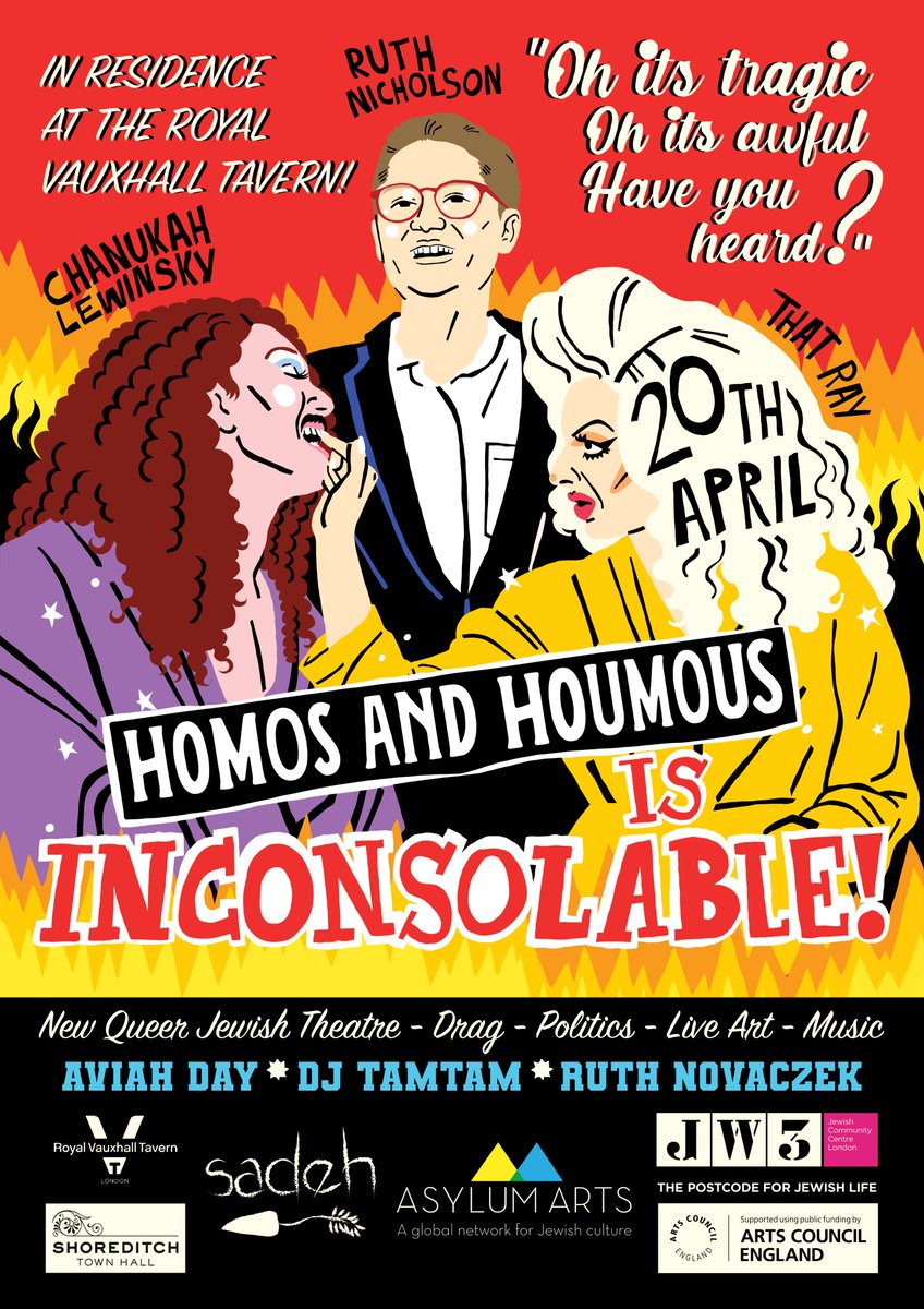 DexGrodner's tweet photo. Homos and Houmous, queer Jewish cabaret. With new theatre writing exploring Jewish grief rituals at @thervt. 

April 20th. Tickets selling fast! 

https://t.co/YmG6mYCCvS

#queerjews #queerart #cabaret #drag #jewishdrag #musichall #chanukahlewinsky #grief https://t.co/Vr1AJcxYYM