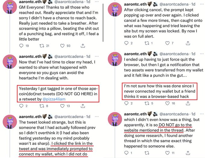 Soheil_SBabaei's tweet image. #5
Blockchain analytics account #AnChainAI posted a play-by-play breakdown of the heist and identified three more compromised accounts involved in spreading the attack: 
#Apecoin  #Fake #Scam #FakeAirdrop #phishing #hacked